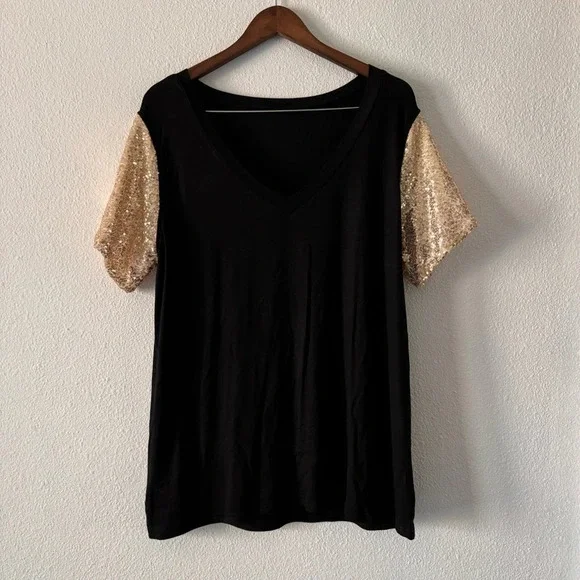 Sequin Short Sleeve Tee V Neck T Shirt Glitter Sparkles Loose Blouse Top 2XL - Picture 8 of 11